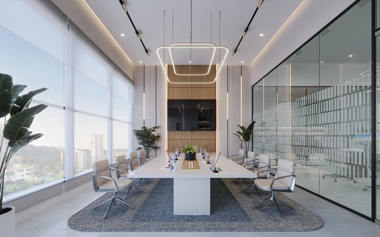 Conference room with boardroom seating and digital display