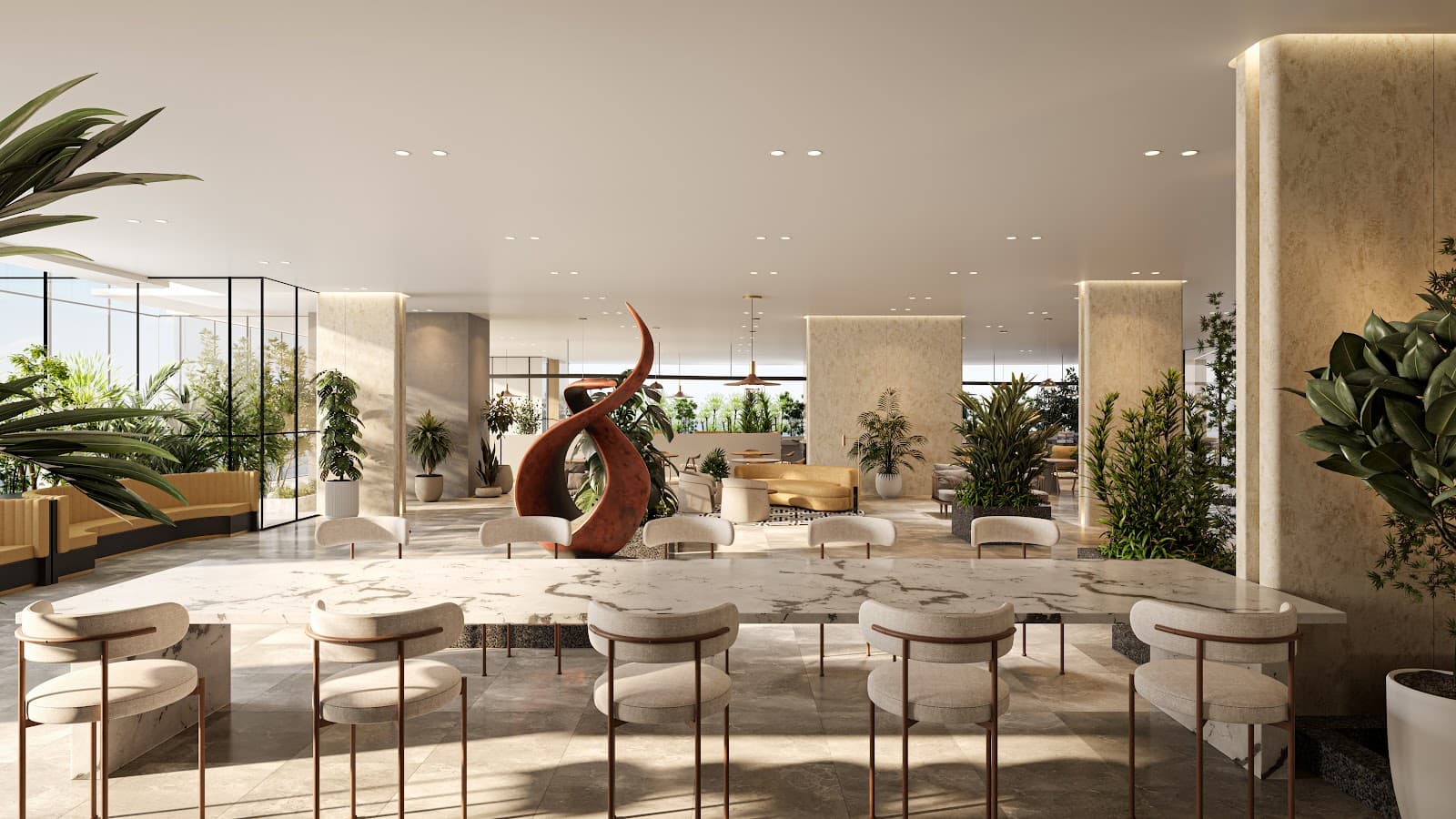 Cafeteria with communal marble seating