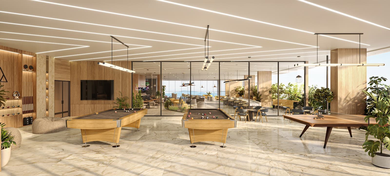 Indoor games room with pool and table tennis