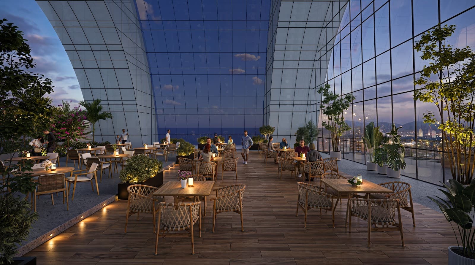 Open sky seating area with cityscape views at night